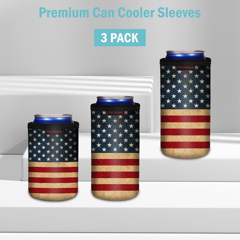 KENOBEE 3 Pack Can Cooler Sleeves for 12oz 16oz Can & 12oz Slim Can, Soft Insulated Reusable Non-Slip Neoprene Can Cooler Drink Caddies Holder Covers for Beer, Soda, Energy Drinks, US FLAG - Image 2